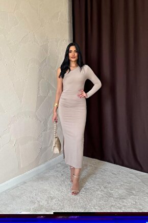 Gökyüzü Moda Bej Büzgü Detaylı Tek Omuz Elbise