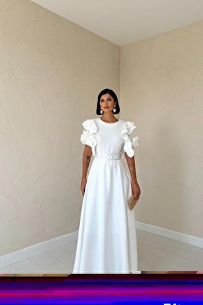 Gökyüzü Moda Beyaz Kolları Volanlı Kemerli Elbise