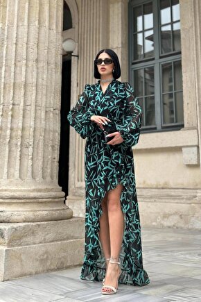 Gökyüzü Moda Desenli Desenli Fırfırlı Elbise