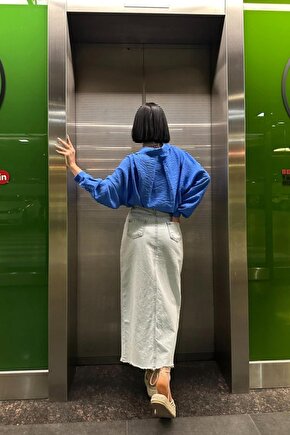 Gökyüzü Moda Kar Yıkama Yırtmaçlı Kot Etek