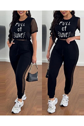 MDB Kadın Kısa Kollu Bisiklet Yaka File Detaylı Viskon Iki Iplik Krop Ve Eşofman Altı Ikili Takım