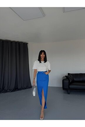 Gökyüzü Moda GABARDİN UZUN ÖNDEN YIRTMAÇLI ETEK - Saks