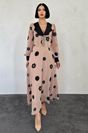 Gökyüzü Moda Vizon Yaka Nakışlı Elbise