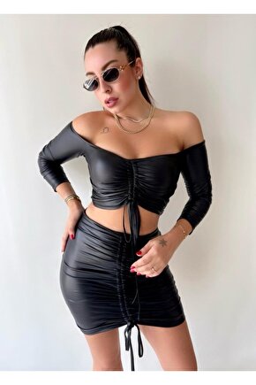 Gökyüzü Moda Kadın Büzgülü Deri Etek Takım Fırsat Ürün