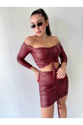 Gökyüzü Moda Kadın Büzgülü Deri Etek Takım Fırsat Ürün