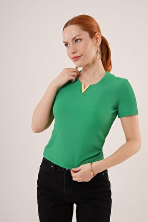 Gökyüzü Moda Kısa Kollu Yaka Detaylı Kaşkorse Yeşil Bluz