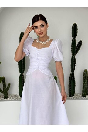 Gökyüzü Moda Kare Yaka Düğmeli Elbise