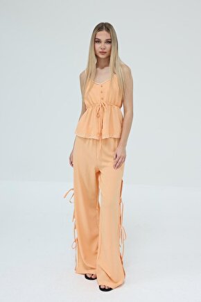 Gökyüzü Moda Fiyonklu Bluz Takım - Kavuniçi