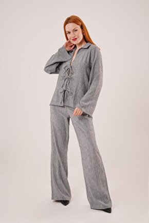 Gökyüzü Moda Ön Bağlama Detaylı Pantolon Ve Gömlek Antrasit İkili Takım