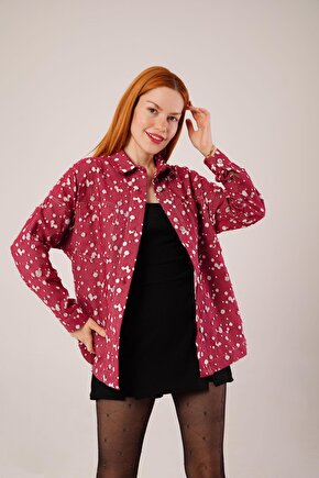 Gökyüzü Moda Eskitme Görünümlü Denim Bordo Gömlek