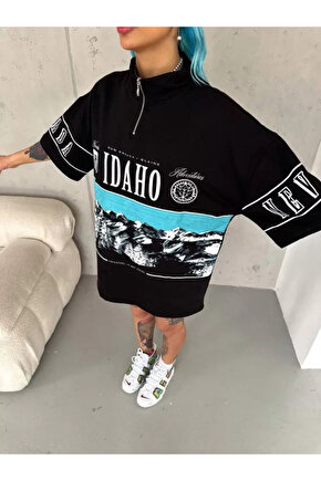 MDB Unisex Baskılı Yarım Fermuarlı Thirt iyah