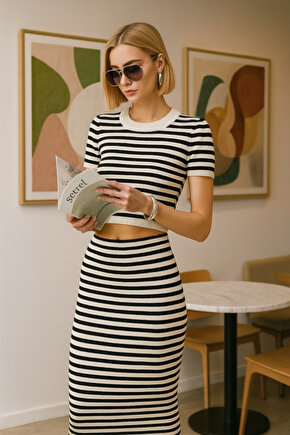 Gökyüzü Moda Çizgili Midi Dokulu Etek