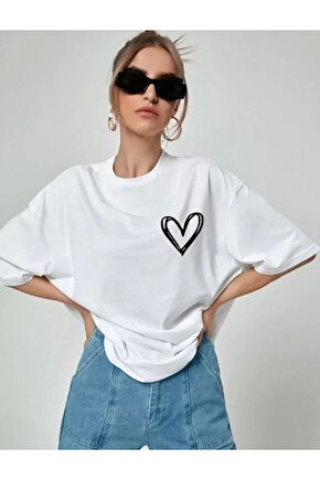 Unisex Baskılı Oversize Thirt  Beyaz