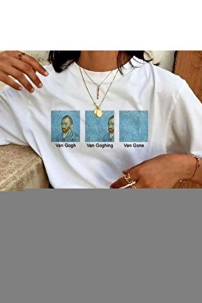 Unisex Bisiklet Yaka Baskılı Oversize Thirt  Beyaz