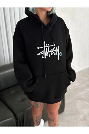 MDB Üç İplik Kapşonlu Baskılı weathirt iyah