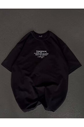 Unisex Bisiklet Yaka Baskılı Oversize Thirt  iyah