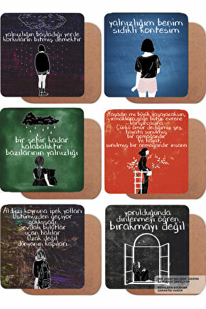 yalnızlık sakinlik motivasyon sözleri estetik dekor ev mutfak kafe 6lı ahşap bardak altlığı seti