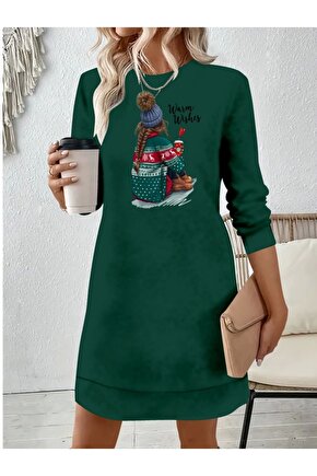 Kadın Uzun Kollu Bisiklet Yaka Desenli Viskon Iki Iplik Elbise