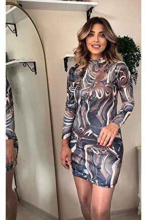 Kadın Uzun Kollu Balıkçı Yaka Desenli Dalgıç Elbise