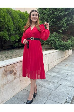 Gökyüzü Moda Kadın şifon Kumaş Astalı Kloş Kesim Kruvaze Yaka Midi Boy Elbise