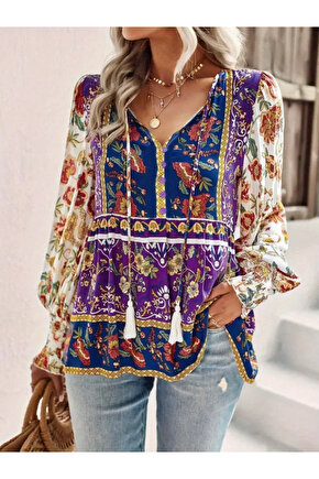 Gökyüzü Moda Kadın Uzun Kollu Yakası Açık Bağcıklı çiçek Desenli Salaş Bluz