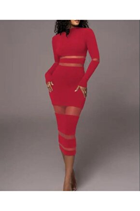 Gökyüzü Moda Kadın şerit Transparan Detay Fırsat ürün Midi Boy Elbise