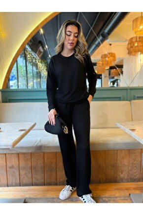 Gökyüzü Moda Kadın Uzun Kollu Bisiklet Yaka Viskon Iki Iplik Bluz Ve Pantolon Ikili Takım