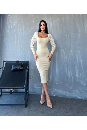 MDB Kadın Kare Yaka Kolları anşet Ve Tül Detay Fırsat ürün idi Boy Elbise