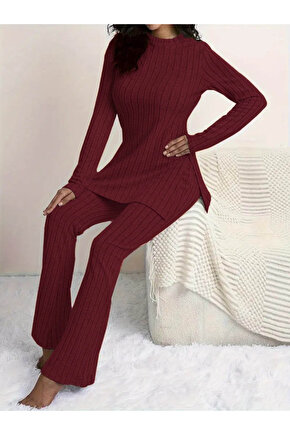 Gökyüzü Moda Kadın Uzun Kollu Yuvarlak Yaka Yandan Yırtmaç Detaylı şardonlu Kaşkorse Bluz Ve Pantolo