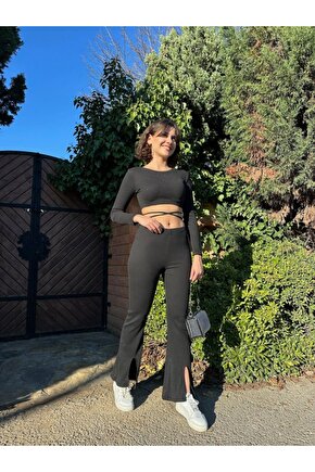 Gökyüzü Moda Kadın Paçası Yırtmaç Detaylı Taşlı Bel Bağlamalı Kaşkorse İkili Takım