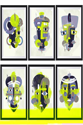 Afrika Mask Dekorasyon Sanat 6lı Mini Çerçeve Görünümlü Ahşap Poster Seti