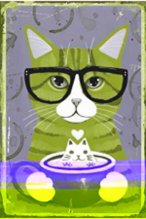 Kahve Içen Sevimli Kedi Retro Ahşap Poster