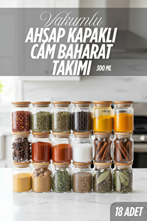 18 Adet Ahşap Kapaklı Vakumlu Cam Baharatlık Takımı