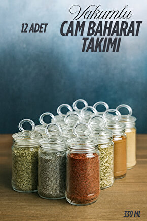 12 Adet Vakumlu Halka Kapak Cam Baharat Takımı (ETİKET HEDİYELİ)