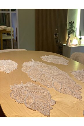 Fransız Dantel Yaprak Model 5 li, Masa Üzerine Runner İşlemeli Dantel (115X35CM)