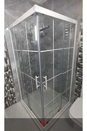 90*90 H:180 Beyaz Profil Beyaz Çizgili Lüks Duşakabin