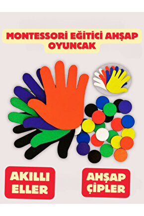 Akıllı Eller, 4 Adet Ahşap El ve 40 Adet Ahşap Çip, Montessori Oyuncak, Eğitici Ahşap Oyuncak,