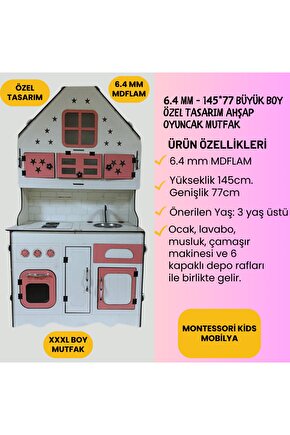 Ahşap Oyuncak Mutfak, Oyuncak Mutfak, Özel Tasarım Büyük Boy Ahşap Oyuncak Mutfak Pembe-beyaz