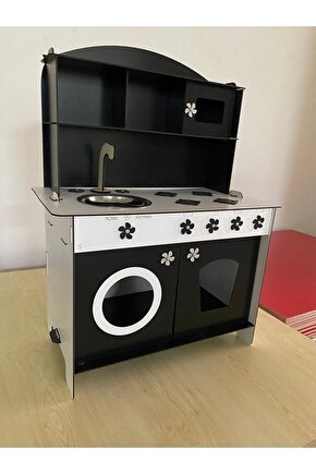 Montessori Eğitici Ahşap Erkek Çocuk Oyuncak Mutfak Dolabı Siyah 3 Mm 84x60 Cm