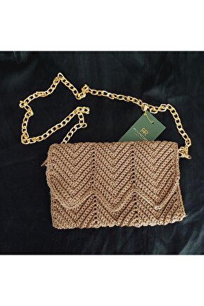 Örgü Canta Gold Zincir Yaldizli Makrome İp 25×12 cm