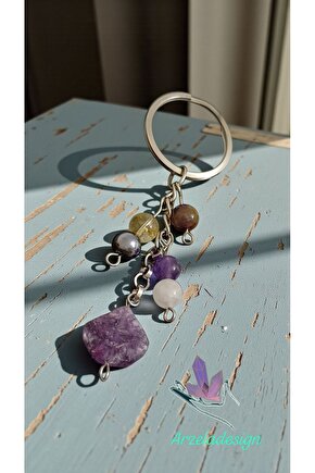 Doğal Taş Anahtarlık, Bolluk Bereket Anahtarlığı,lepidolit Ametist ,pembe Kuvars,kristal Kuvars