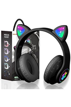 Siyah Stn28 Kablosuz Bluetooth 5.0 Led Işıklı Kedili Şık Kulaklık Hediye Fm