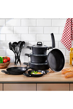 Black Stone 14 Parça Tencere Seti Siyah