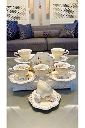 KOSOVA 6 Kişilik 12 Parça Porselen Ayaklı Güllü Kahve Takımı