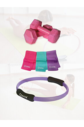 3lü Pilates Seti Evde Spor Direnç Lastiği Pilates Çemberi 2x1 kg Dambıl Evde Pilates Seti
