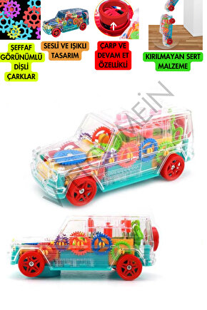 Oyuncak Şeffaf Görünümlü Kırılmaz Pilli Dişli Çarklı Sesli ve Işıklı Jeep Araba