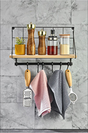 Ahşap Standlı Metal Dekoratif Mutfak Rafı - Asılabilir Kancalı