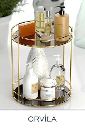 2 Katlı Metal Banyo&kozmetik Düzenleyici Aynalı Raf | Makyaj Malzemesi Düzenleyici Organizer - Gold