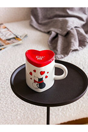 Kalp Figürlü Sevgililer Günü Seramik Kupa Hediyelik Kupa 400 Ml