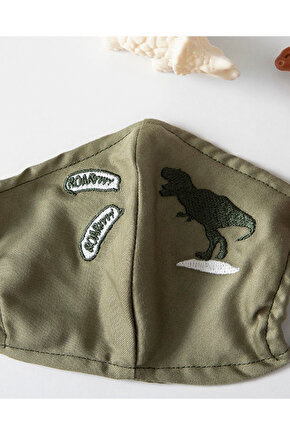 Dinosaur Pamuklu Kumaş 4-12 Yaş Çocuk Maske? Yeşil